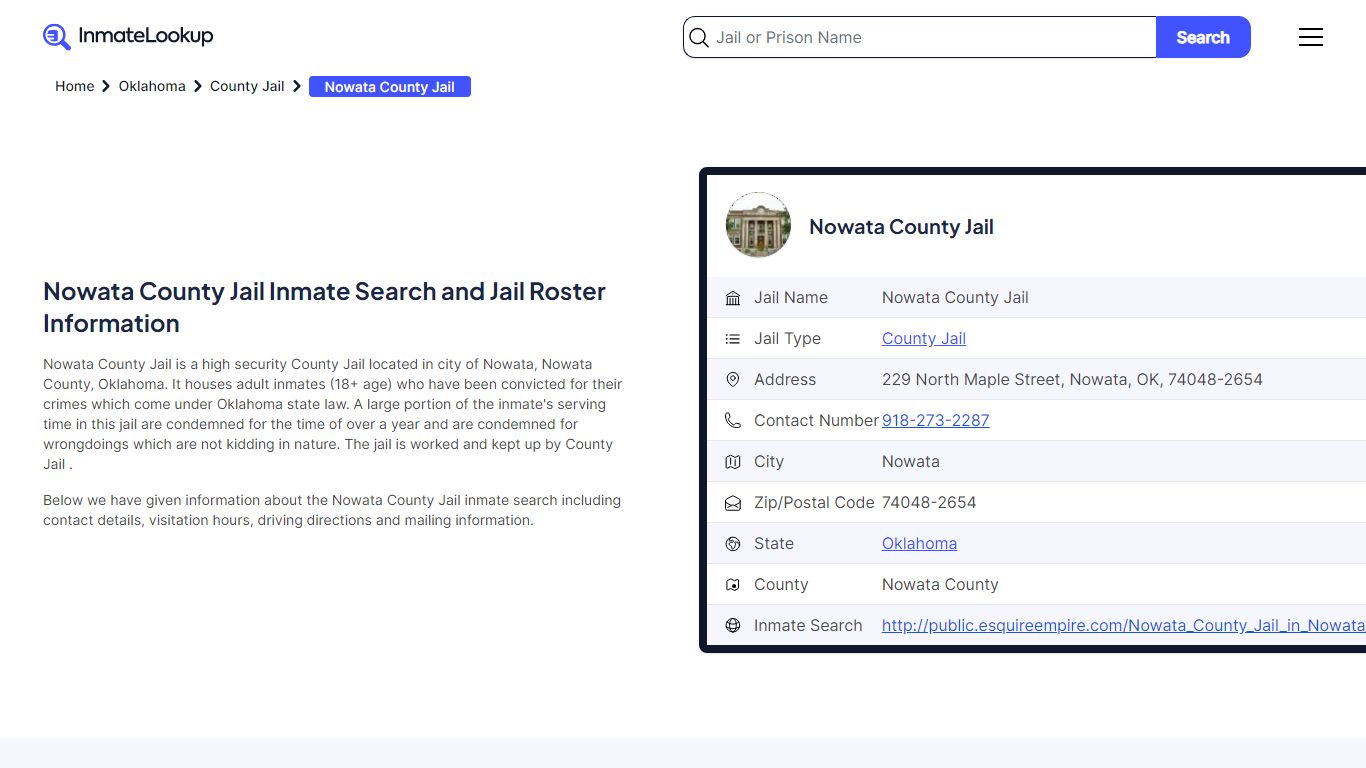 Nowata County Jail Inmate Search and Jail Roster Information
